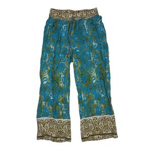 Sarah Italy Womens Wide Leg Pants Turquoise Green Damask Print Viscose Boho